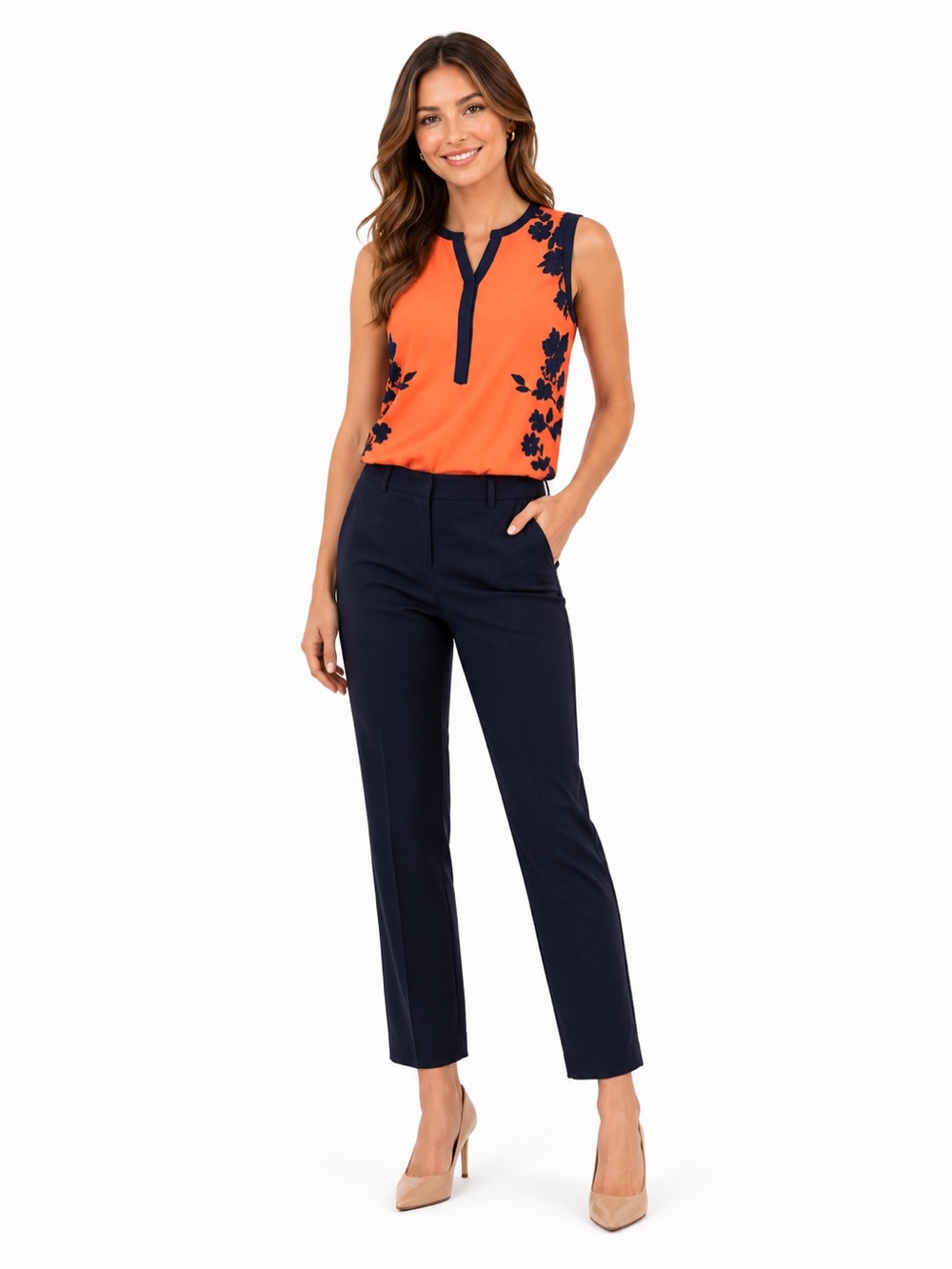 The Limited Sleeveless Blouse - Orange and Navy Floral